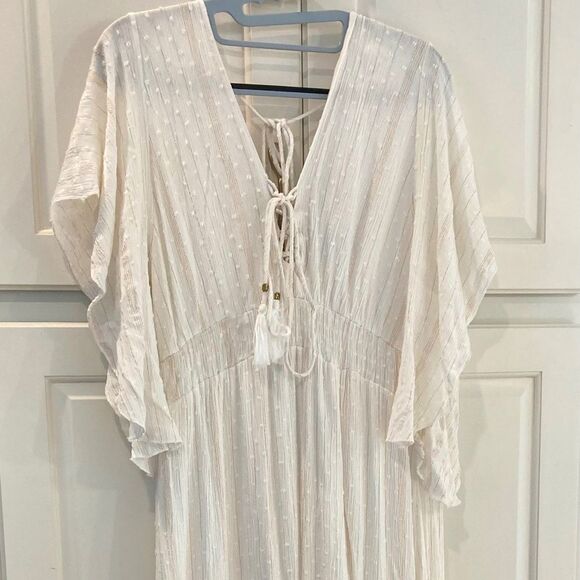Italian Designer White Goddess Dress Butterfly Sleeves Tiered Tassels Maxi M - Picture 2 of 5